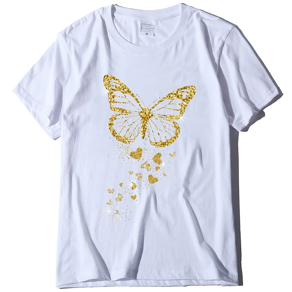 Golden Butterfly Print Women T Shirt Short Sleeve O Neck Loose Women Tshirt Ladies Tee Shirt Tops Clothes Camisetas Mujer