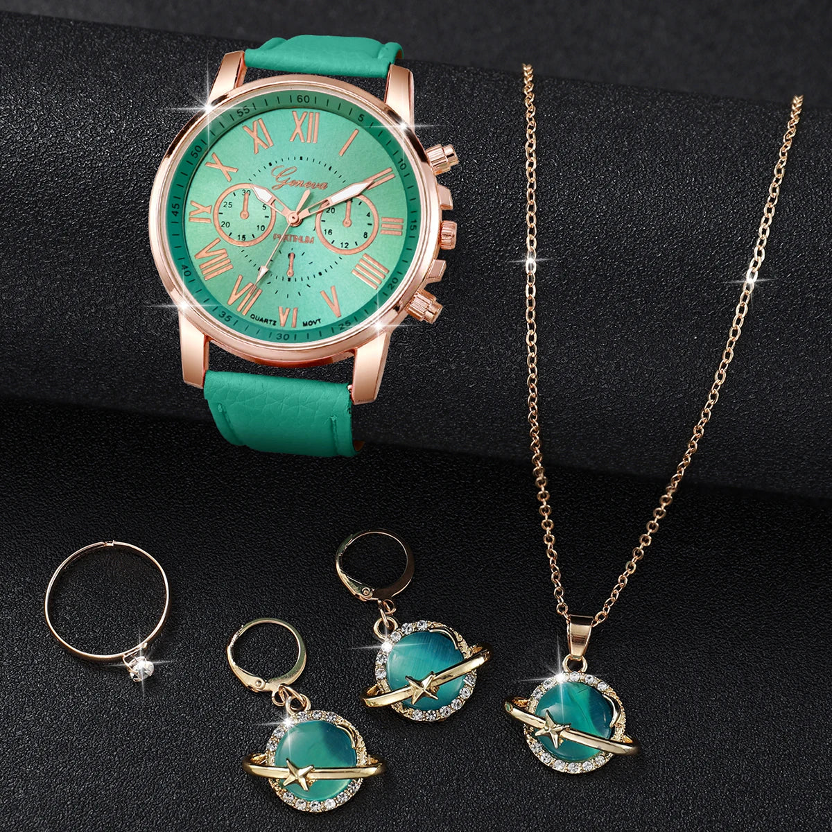 5PCs/Set Mint Green Fresh Fashion Watch Three Eyes dial Leather strap Quartz Watch Cat Eye Jewelry Set