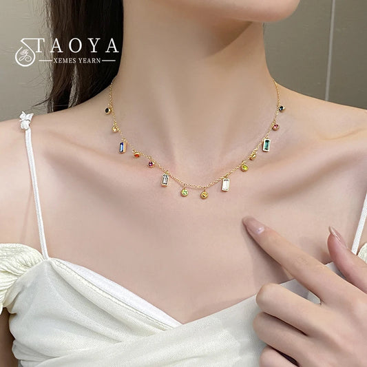 Light Luxury Stainless Steel Colorful Zircon Dopamine Short Collar Chain 2023 Colorless Jewelry For Women‘s Necklace Accessories