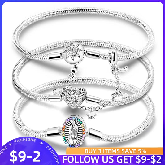 925 Silver 100% Original Love Our Lady Snake Bone Hoops Bracelet For Woman Fit DIY Charms Birthday Fashion Jewelry Gift 2023 Hot