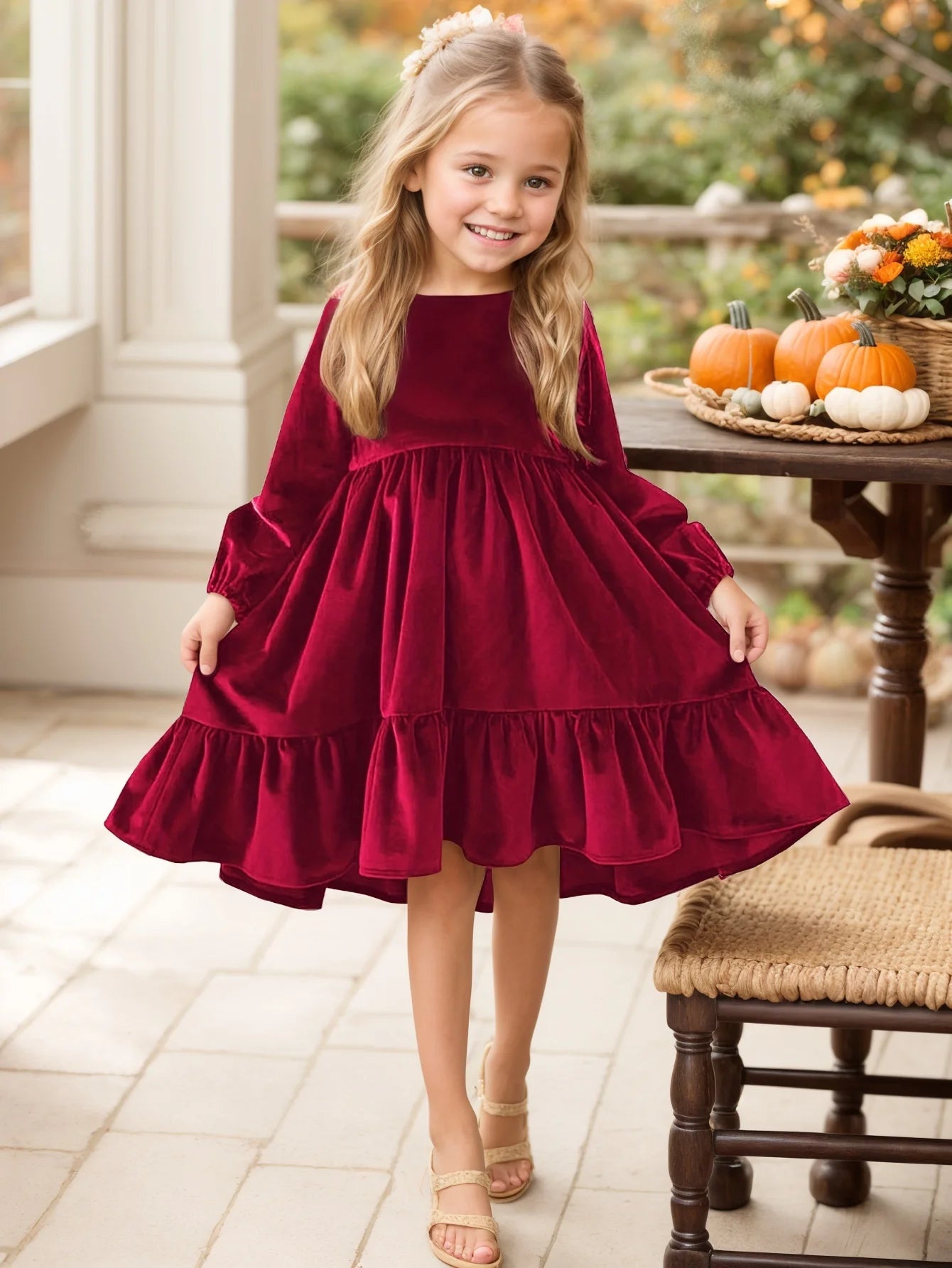 New 7-12 years Girls Spring Autumn Winter Velvet Long Sleeve Ruffle Hem Dress Princess Kids Party Dressess Children Clothing