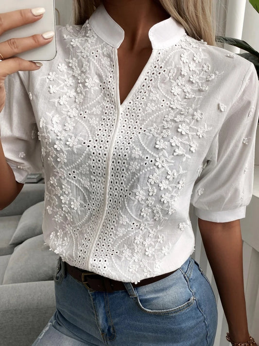 2024 Spring Embroidery Women Blouse Fashion Summer V-neck Lantern Sleeve White Shirt Woman Vintage Cotton Hollow-out Tops 24350