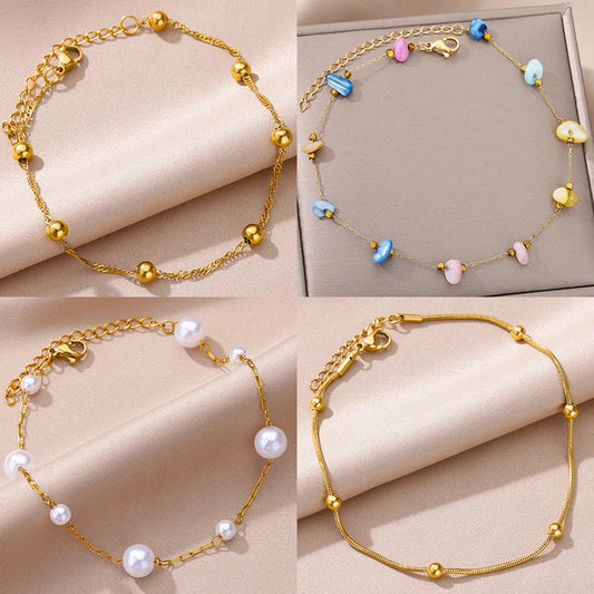 Anklets for Women Summer Beach Accessories Stainless Steel Beads Chain Anklet Gold Color Leg Bracelets Bodychain Jewelry Gifts