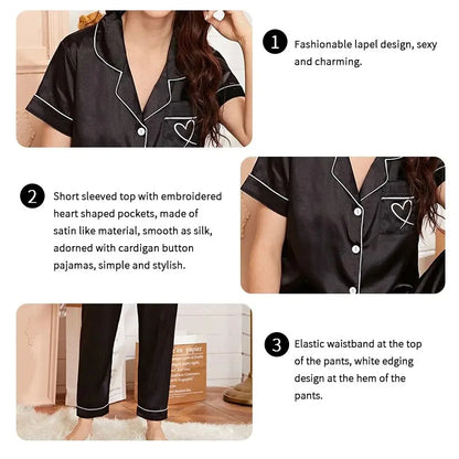 Women's Pajama Pocket Heart Embroidered Pajama Set Satin Comfortable Short Sleeve Button Pajama Lounge Pant For Women Sleepwear