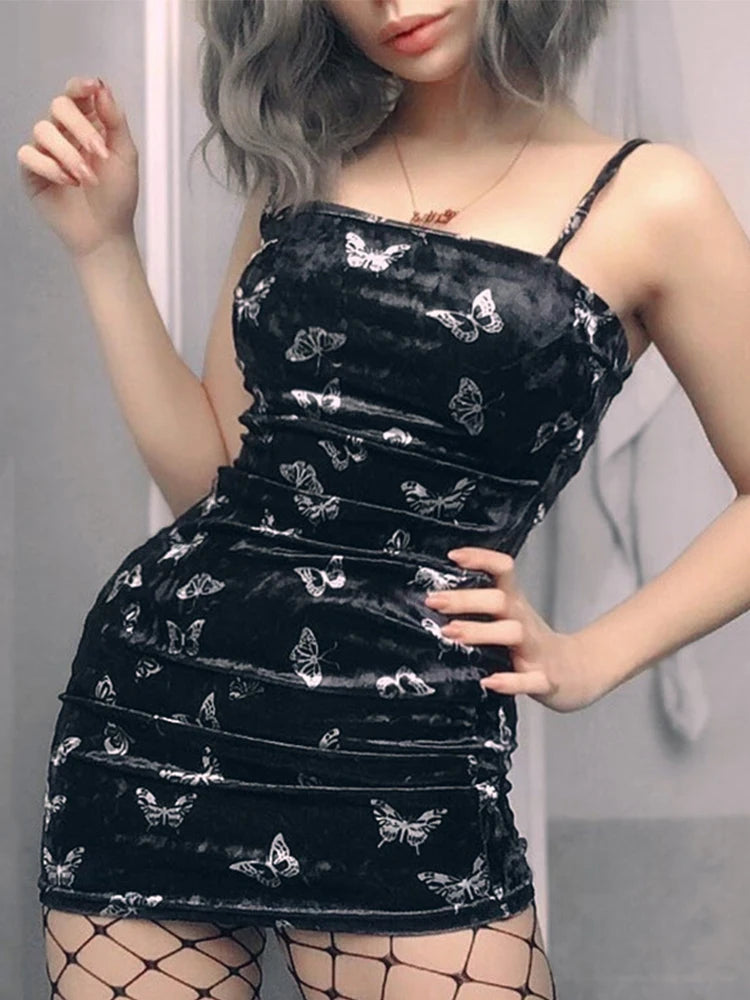 Harajuku Black Dress Women Gothic Spaghetti Strap Backless Off Shoulder Dresses Female Fashion Casual Print Sexy Dress