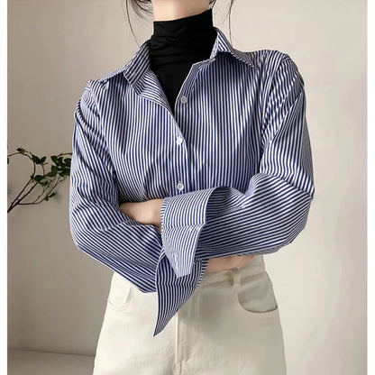 2024 New Women's Casual Shirt Comfortable Simple Striped Blue And White Classic Retro Spring And Autumn Long Sleeve Top