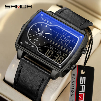 SANDA Top Brand Luxury Men Quartz Watch Fashion Square Watch Men Countdown Sports Waterproof Double Display LED Digital Watch