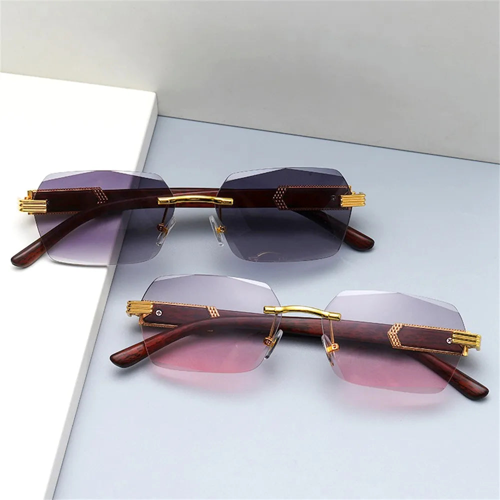 KLASSNUM Men Luxury Rimless Sunglasses Rectangle Anti UV400 Color Lens with Wooden Grain Leg Unisex Women Retro Shades 2024 New