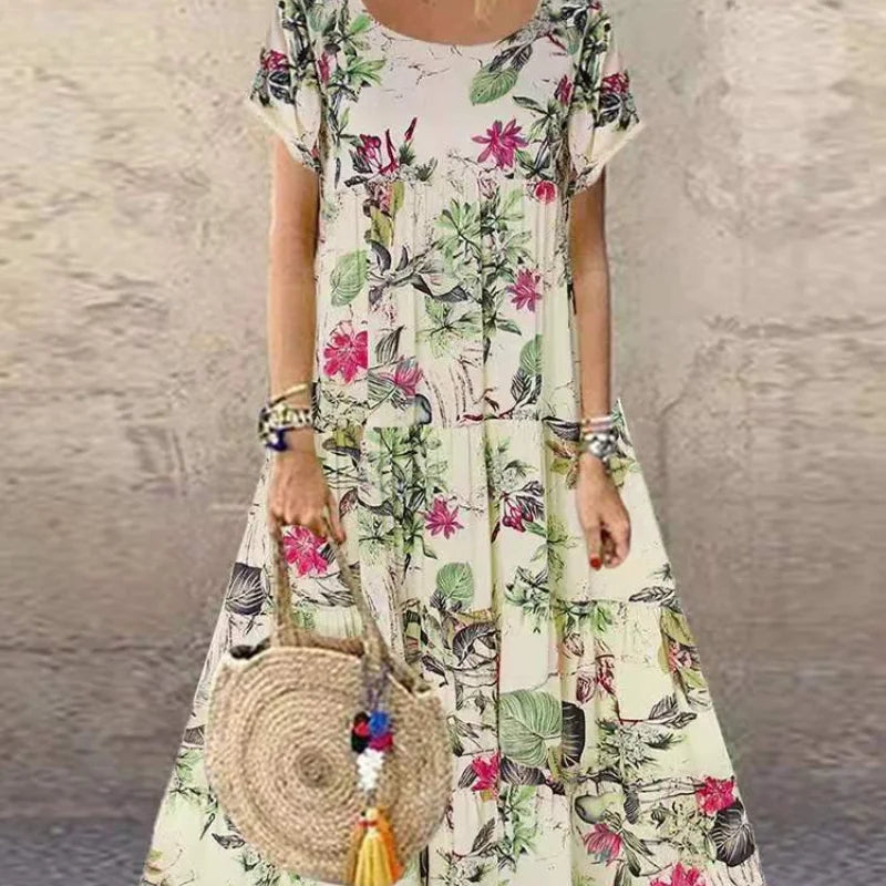 Stand-alone Women's Retro Floral Print Short-sleeved Round-neck Dress