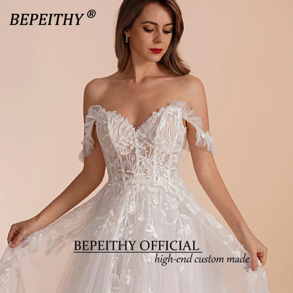 BEPEITHY Customized A Line Sweetheart Bride Wedding Party Dresses 2025 Sleeveless Sweep Off Shoulder Lace Ivory Bridal Gown