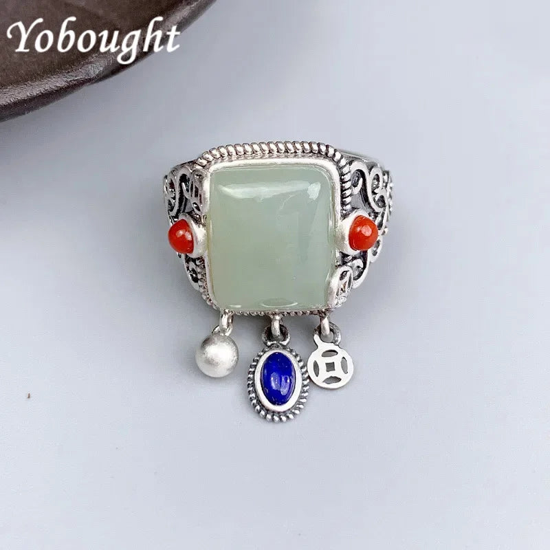 Vintage natural Hotan jade green rings for women 925 silver National style tassels lapis lazuli ring classic geometry jewelry