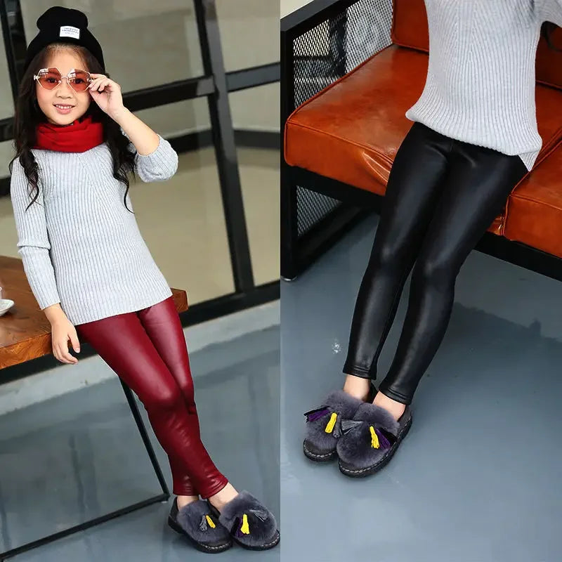 Kids Girls Leggings Autumn Winter Solid Children Warm Trousers Girl Casual PU Leather Pencil Pants Cute Toddler Leegings