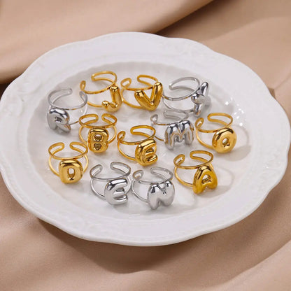 Initials Letter Rings for Women Stainless Steel Gold Color Opening Ring Waterproof Alphabet Letters Band Couple Wedding Jewelry