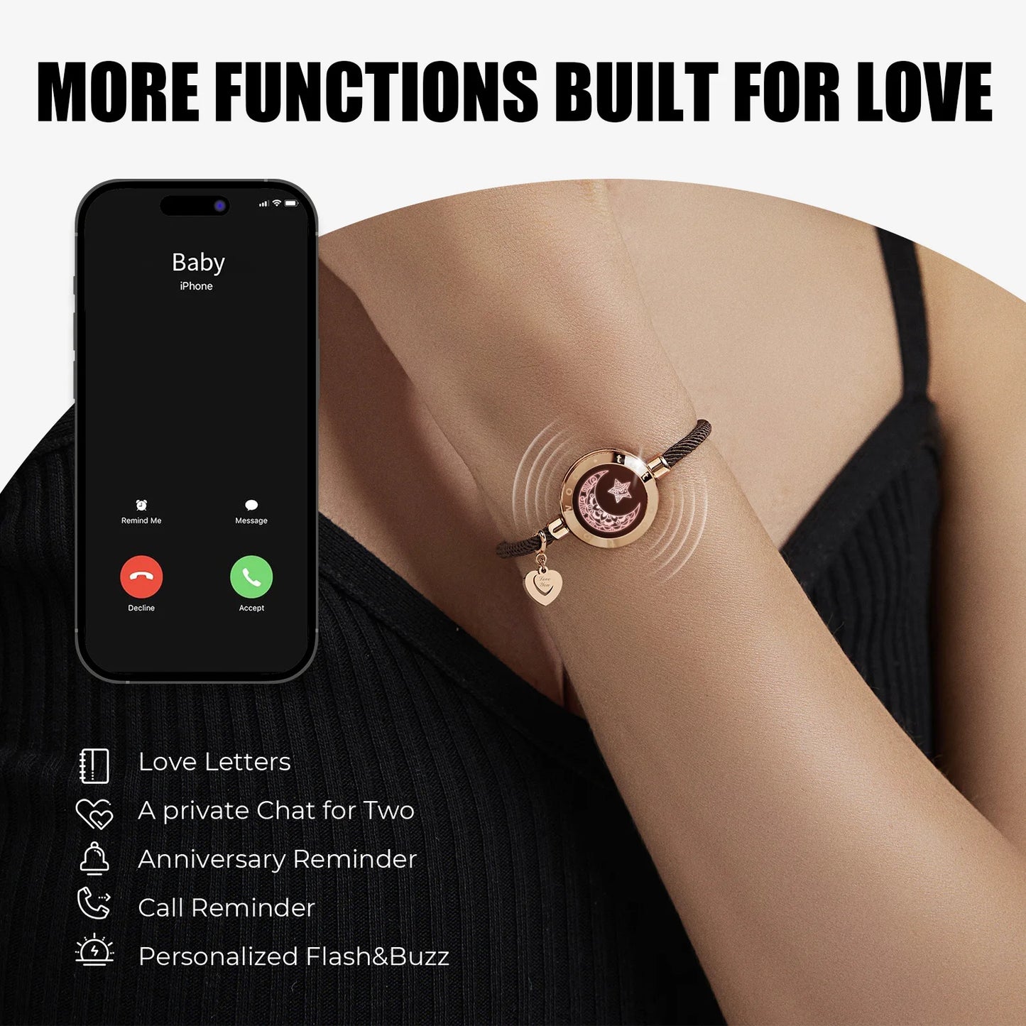 Long Distance touch Light up &Vibrate Bracelets for Couples, Long Distance Relationship Gifts Smart Sun&Moon Love Bracelet