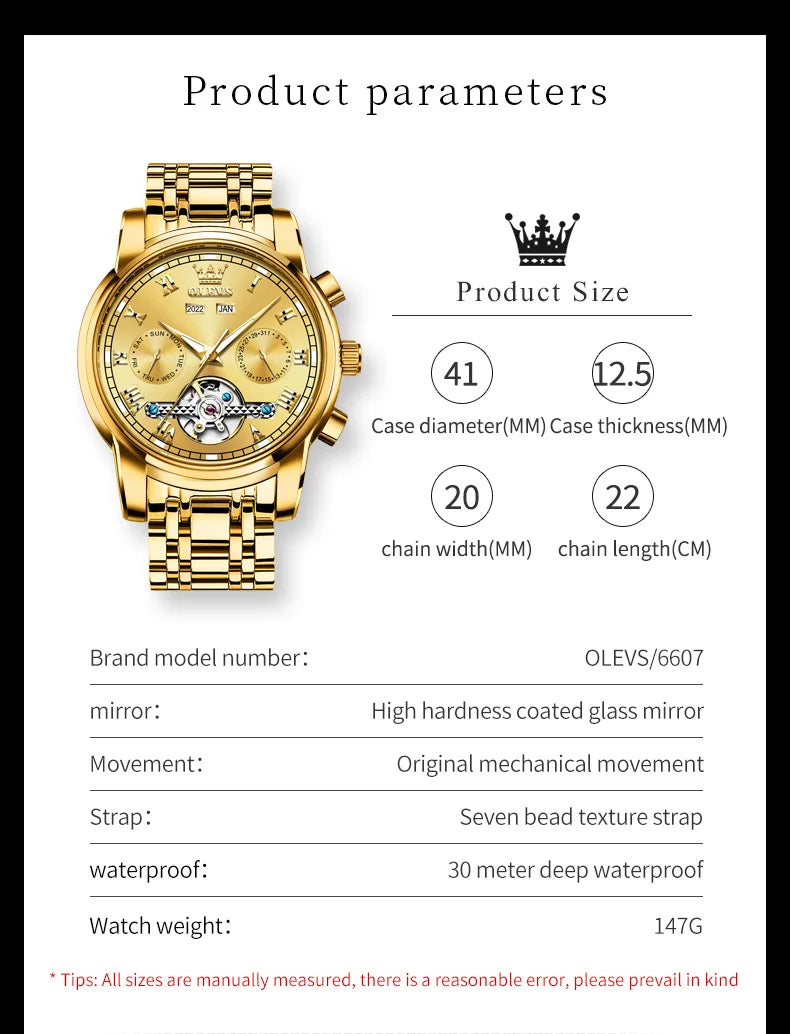 OLEVS Automatic Mechanical Watch for Men Date Calendar Skeleton Wristwatch Stainless Steel Classic Men's Watch Reloj Hombre 6607