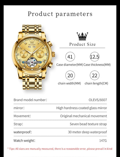 OLEVS Automatic Mechanical Watch for Men Date Calendar Skeleton Wristwatch Stainless Steel Classic Men's Watch Reloj Hombre 6607