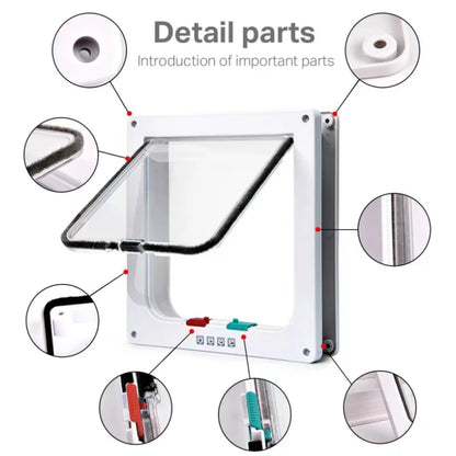 Cat Flap Door with 4 Way Security Lock Controllable Switch Transparent ABS Plastic Gate Puppy Kitten Safety in&out Pet Doors Kit