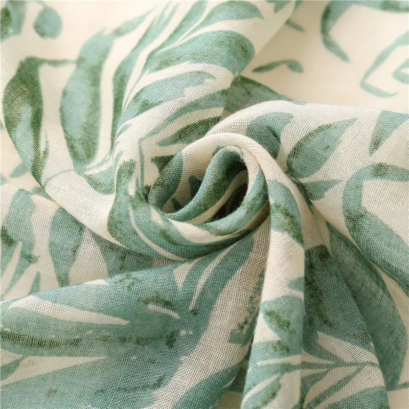 Green Leaves Prints Travel Scarf Women Luxury Long Beach Scarves Shawls for Lady Decor Shawl Hijab Scarves with Tassel 2023