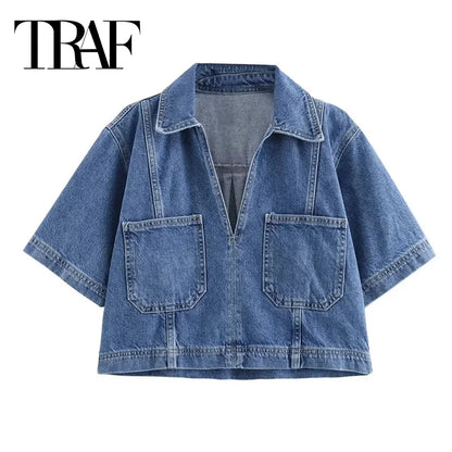 TRAF Blue Denim Shirt Woman Short Sleeve Cropped Shirt Women Summer Short Tops Woman Streetwear Y2k Stylish Women's Blouse