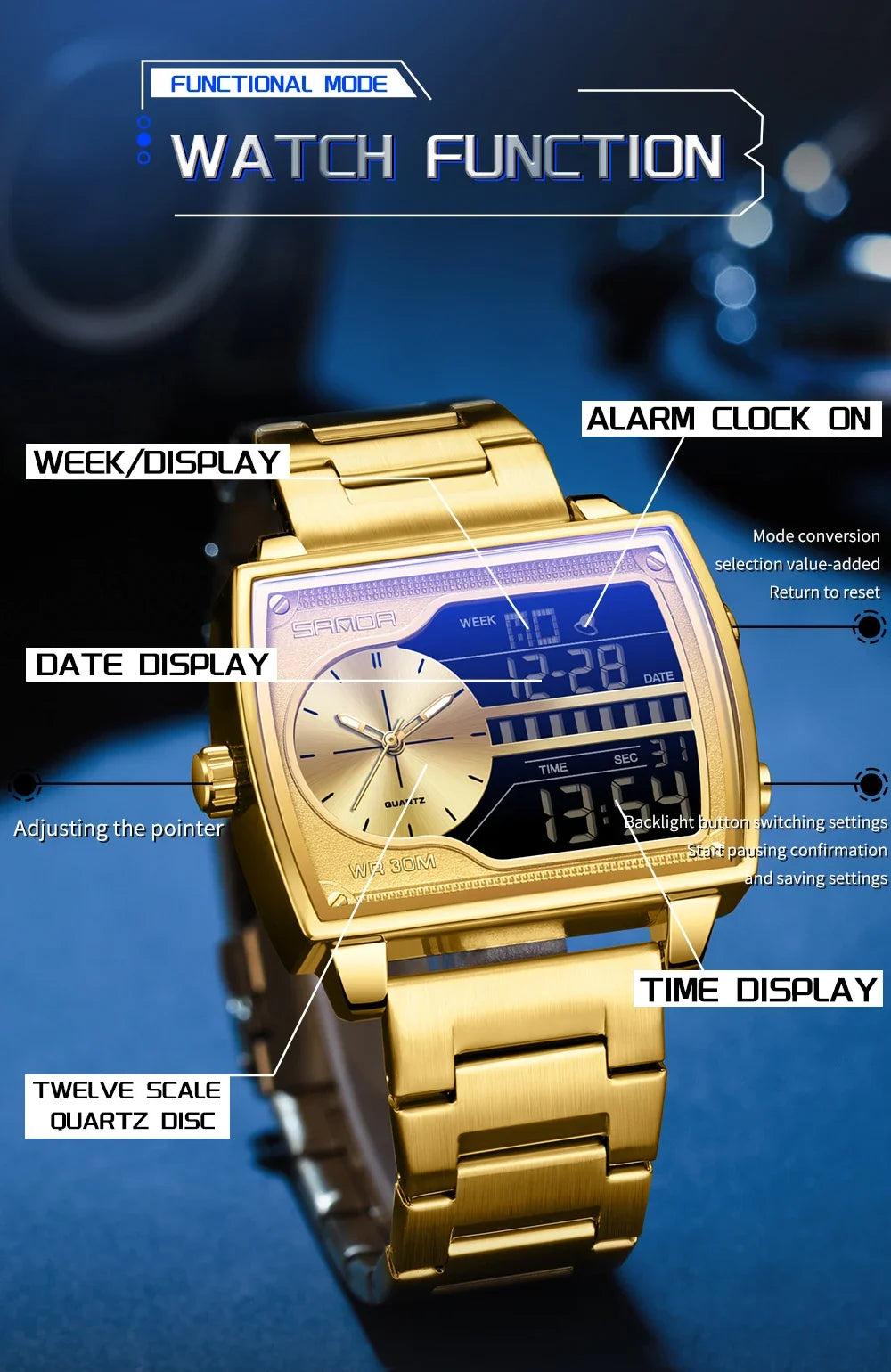 SANDA 6163 Fashion Trend Men's Quartz Watch Fashion Square Watch Countdown Sports Waterproof Dual Display Digital Men's Watches