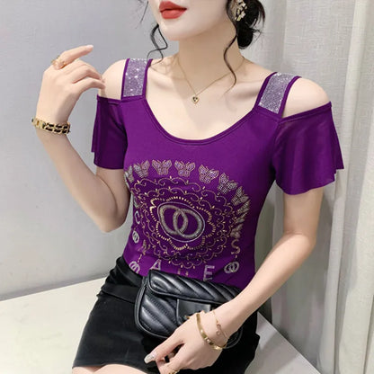 Fashion T-shirt  Diamonds Letter Rose