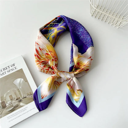 70cm New Luxury Florals Print Satin Silk Square Scarf for Women Soft Hair Bands Hijab Female Headband Foulard 2023 New