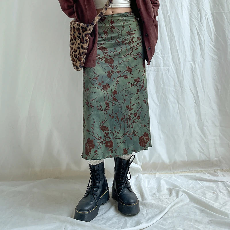 CIBBAR Harajuku Floral Print Long Skirt Vintage Low Rise Straight Midi Skirts for Women Autumn Basic All-match Skirts Ladies Y2k