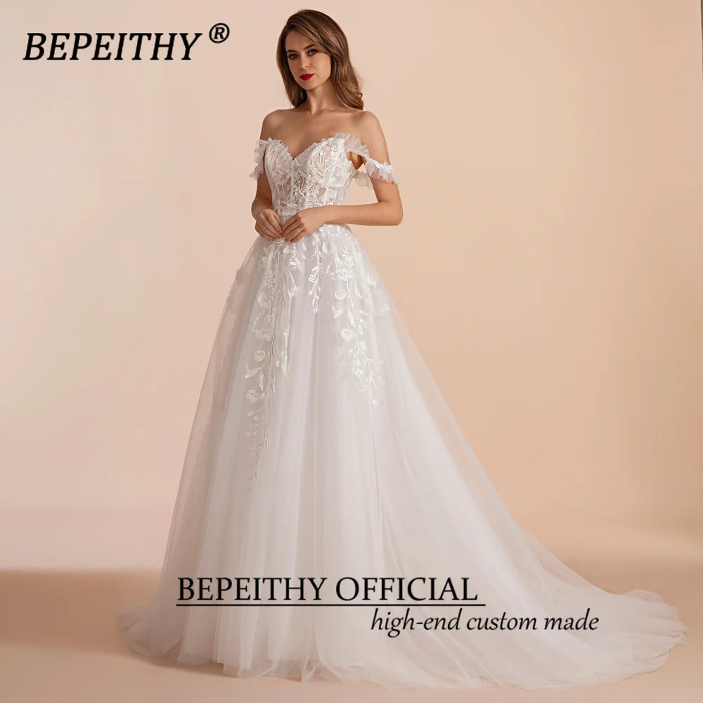 BEPEITHY Customized A Line Sweetheart Bride Wedding Party Dresses 2025 Sleeveless Sweep Off Shoulder Lace Ivory Bridal Gown