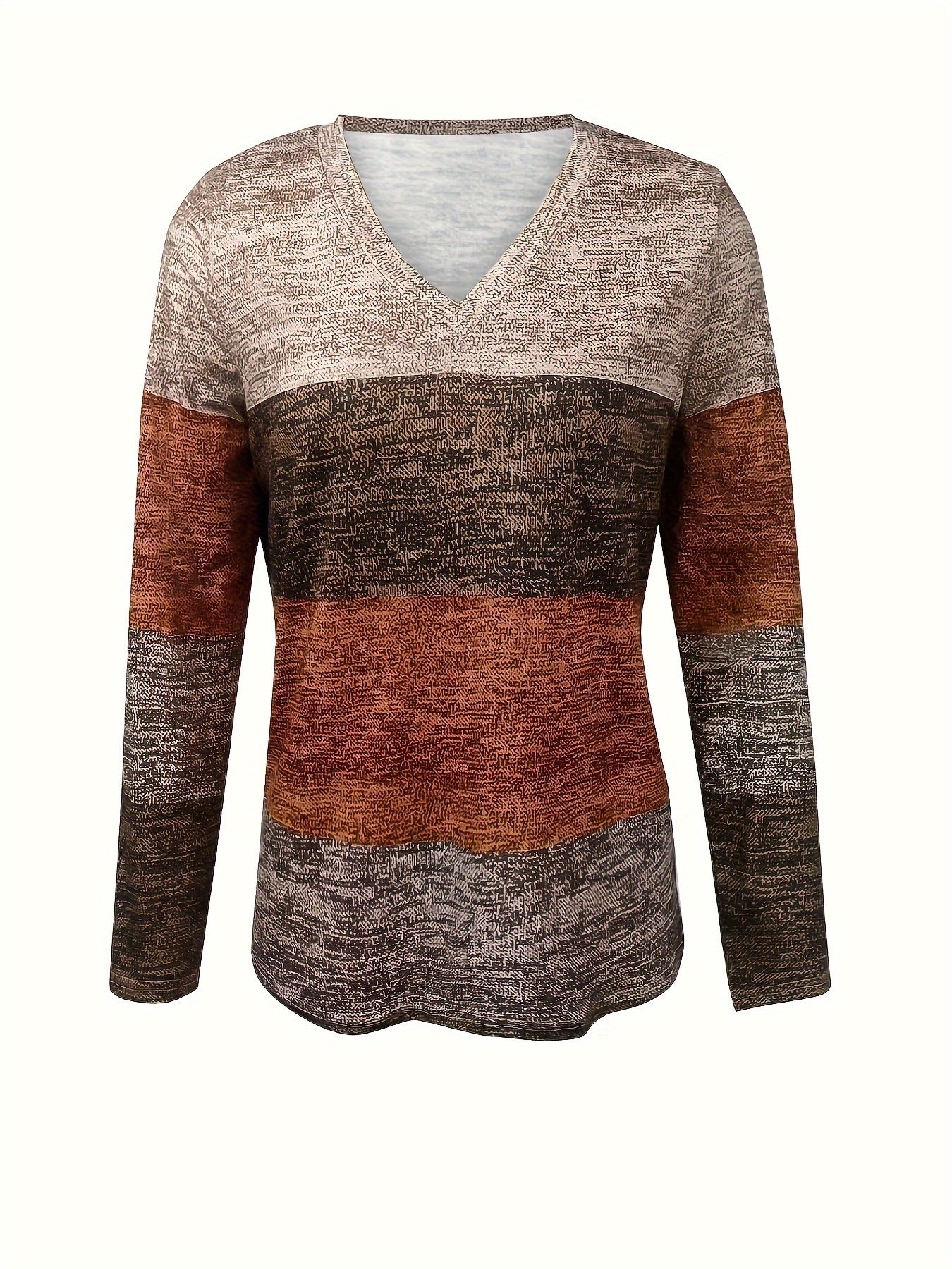 Color Block V Neck T-Shirt, Casual Long Sleeve Top For Spring & Fall, Women's Clothing