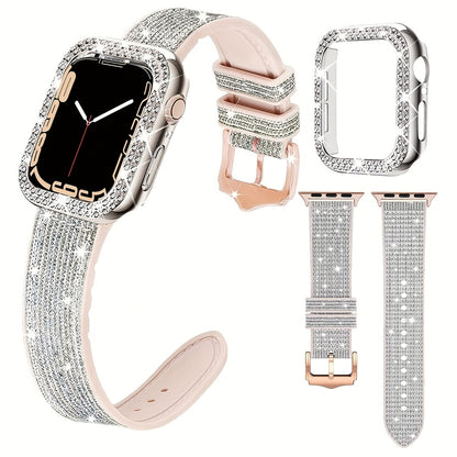 Apple Watch Band & Case Set, 2-Piece, Fashionable Sparkling Color Change, Adjustable Silicone Strap with Rhinestone Accents, Charming Hollow-Out Shell, Compatible with Apple Watch Series U1/2/3/4/5/6/7/8/9/10/SE/Ultra, Smartw