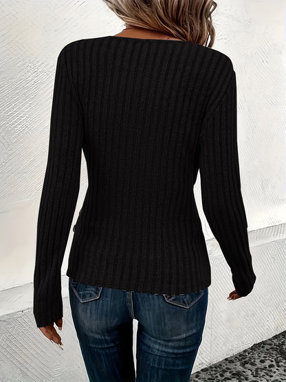 Women'S Elegant Side Button Long Sleeve Ribbed T-Shirt, Polyester, V-Neck, Solid Color, Regular Length, All Seasons, Knitted Fabric with Faux Buttons