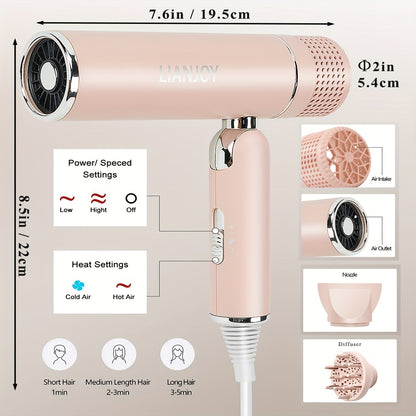 Foldable Fast Drying Hair Dryer With Diffuser, 1600W Professional Ionic Blow Dryer With Intelligent Constant Temperature For Women, Lightweight, Portable Hairdryer For Trave