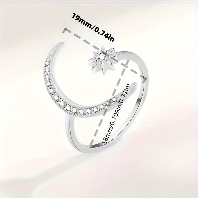 925 Sterling Silver Starry Sky Moon Surround Design Open Ring Plated With Dazzling Zirconia Adjustable Open Ring, Women's Jewelry Gift