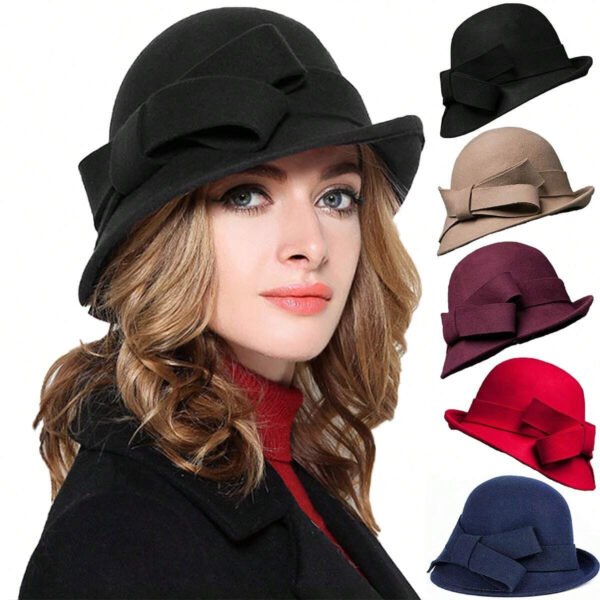 Women's French-style Elegant Retro Woolen Bowler Hat Curling Bow - Image 6