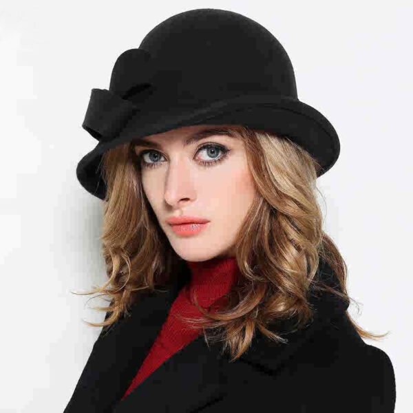 Women's French-style Elegant Retro Woolen Bowler Hat Curling Bow - Image 8