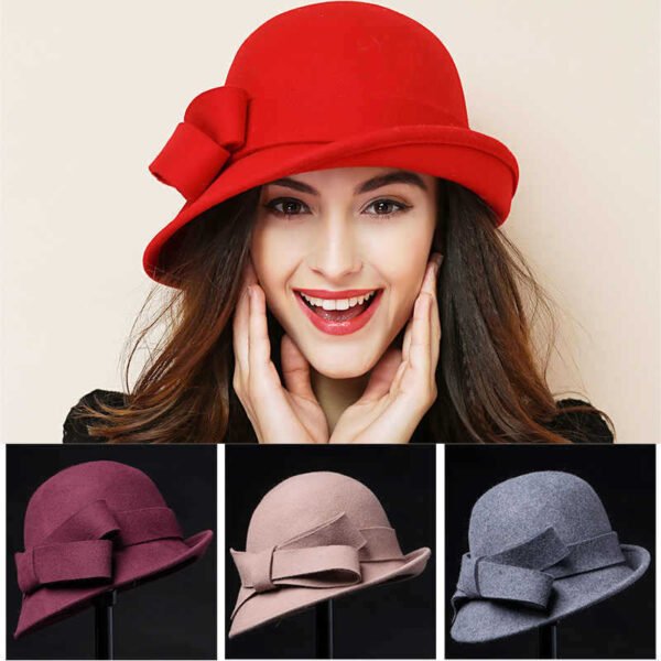 Women's French-style Elegant Retro Woolen Bowler Hat Curling Bow - Image 7