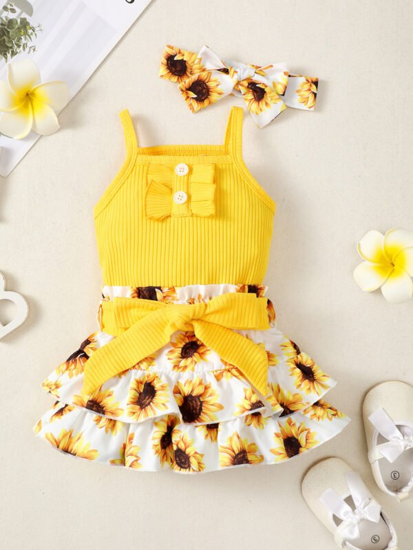 Sunken Stripe Sling Top With Bowknot Short Dress Sets - Image 4