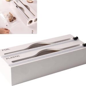 3 In 1 Bamboo Wrap Organizer With Cutter And Labels, Plastic Wrap Aluminum Foil And Wax Dispenser For Kitchen