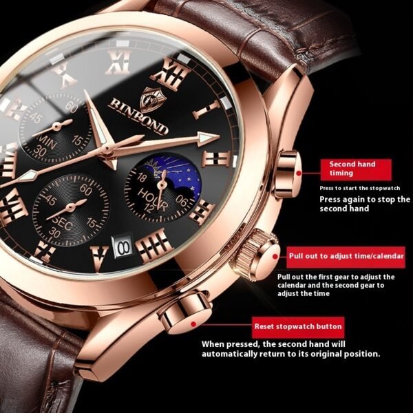 Multifunctional Sports Three Eyes And Six Needles Waterproof Luminous Men's Watch - Image 4