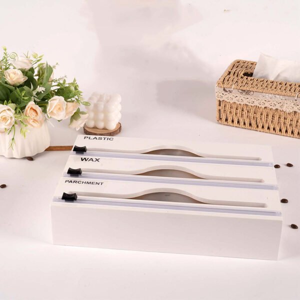 3 In 1 Bamboo Wrap Organizer With Cutter And Labels, Plastic Wrap Aluminum Foil And Wax Dispenser For Kitchen - Image 4