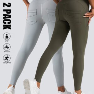 2 Pack High Waist Yoga Pants With Pockets, Tummy Control Workout Running Yoga Leggings For Women