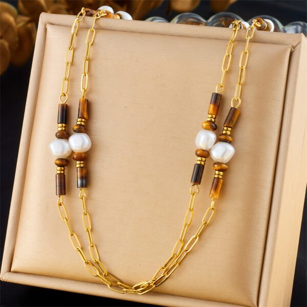 Retro Square Round Geometric Tiger Eye Necklace - Image 3