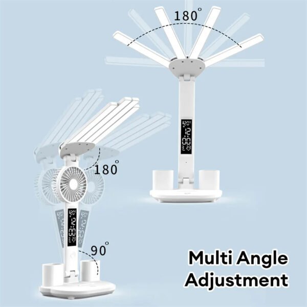 3in1 Multifunction Table Lamp LED Four-headed Folding With Fan Calendar Clock USB Rechargeable Desk Light 3 Color Reading Lamp - Image 10