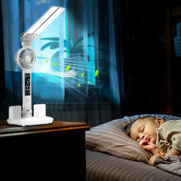 Foldable LED Table Light Eye Protection Multifunction Desk Lamp With Thermometer Calendar Fan Pen Holder Study Reading Fan Light - Image 4