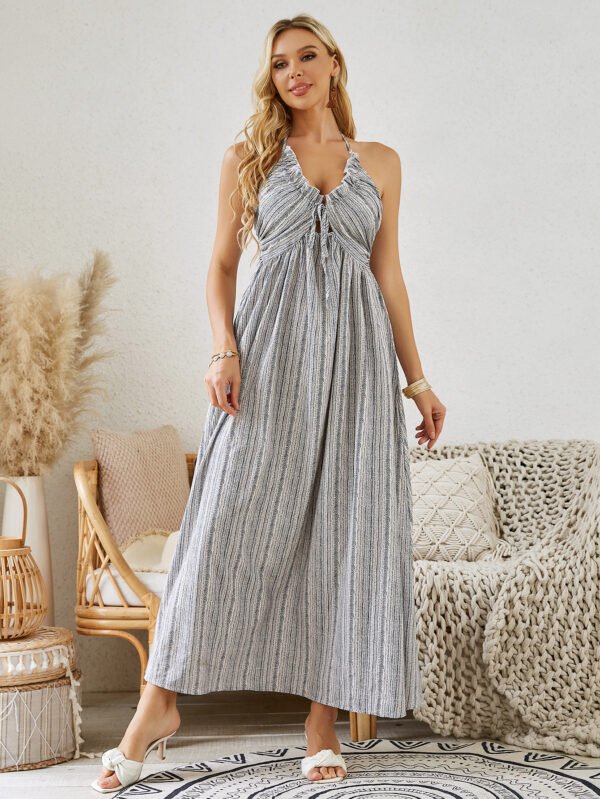 Bohemian Halter Maxi Dress - Women's Summer Striped Sleeveless Flowy Beach Dress - Image 2