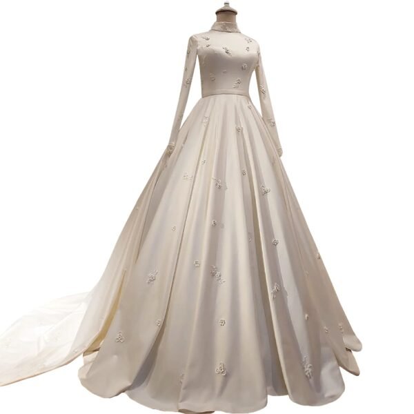 Women's Fashion Temperament Satin Stand-up Collar Long-sleeved Wedding Dresses - Image 3