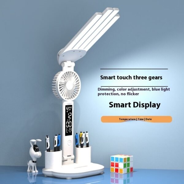 3in1 Multifunction Table Lamp LED Four-headed Folding With Fan Calendar Clock USB Rechargeable Desk Light 3 Color Reading Lamp - Image 8