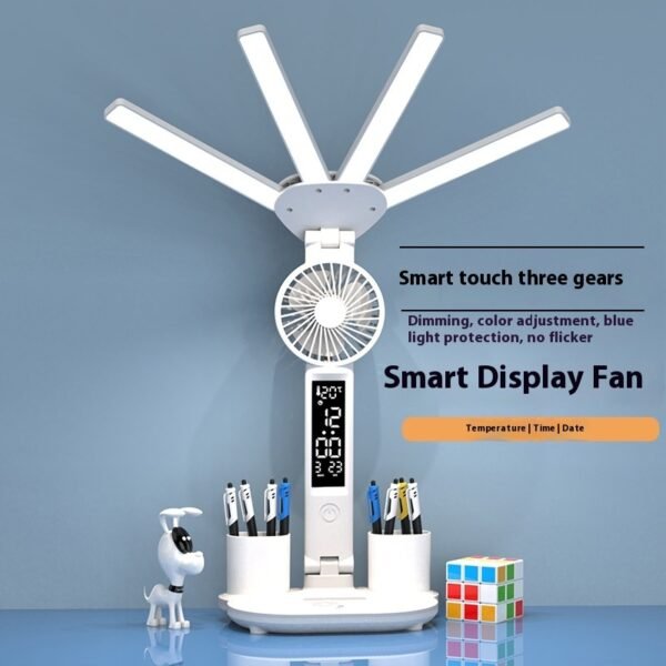 3in1 Multifunction Table Lamp LED Four-headed Folding With Fan Calendar Clock USB Rechargeable Desk Light 3 Color Reading Lamp - Image 7