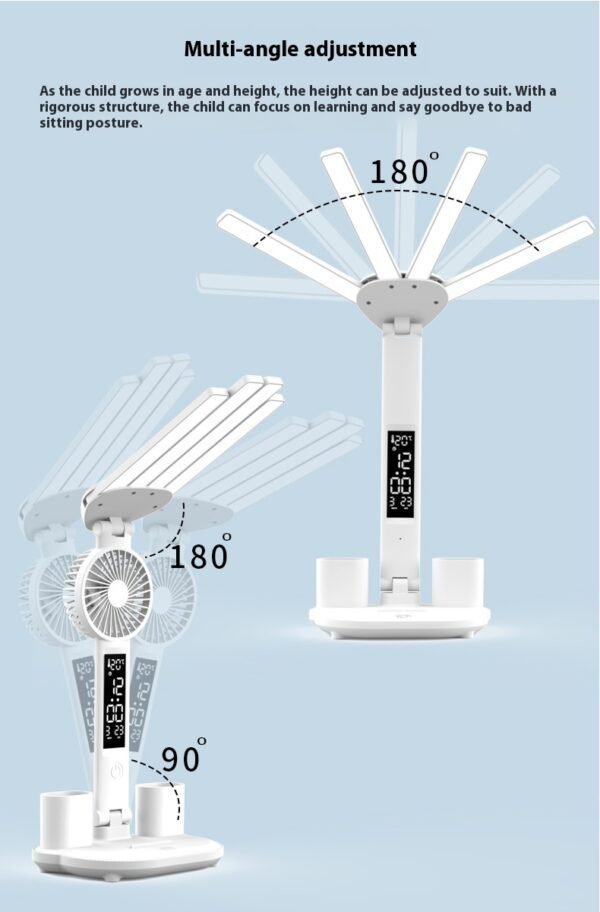3in1 Multifunction Table Lamp LED Four-headed Folding With Fan Calendar Clock USB Rechargeable Desk Light 3 Color Reading Lamp - Image 4