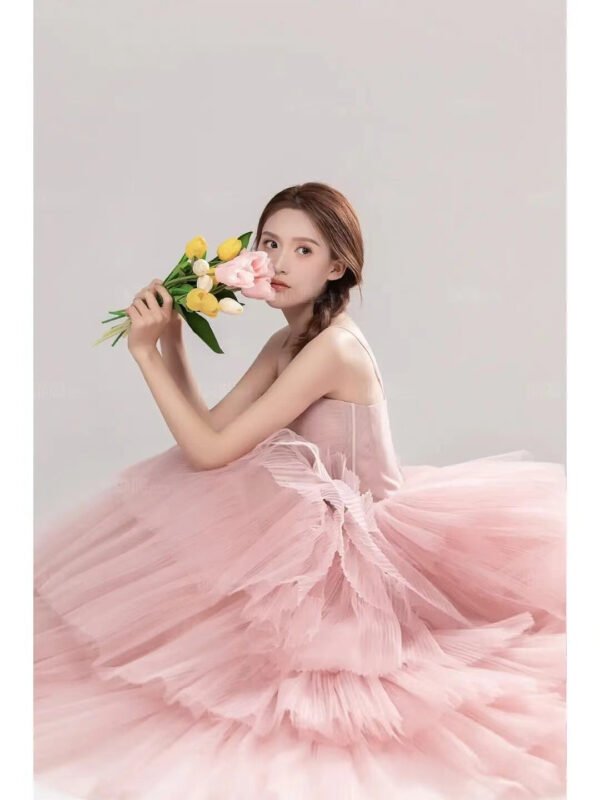 Elegant Girl's Wedding Photography Dress Pink White - Image 4